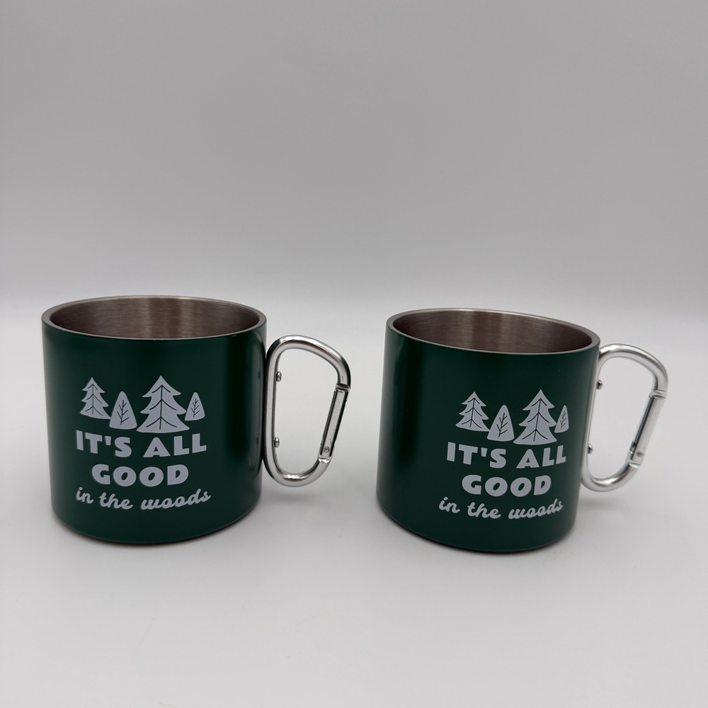 Carabiner mug set (2) stainless steel pine green outdoor woods camping lesbian